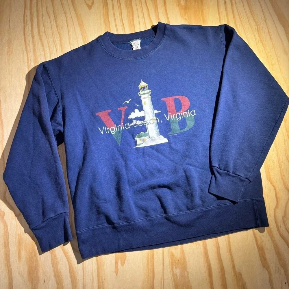 Vintage 80s 90s Virginia Beach Lighthouse Sweatshirt Navy Blue Mens XL USA